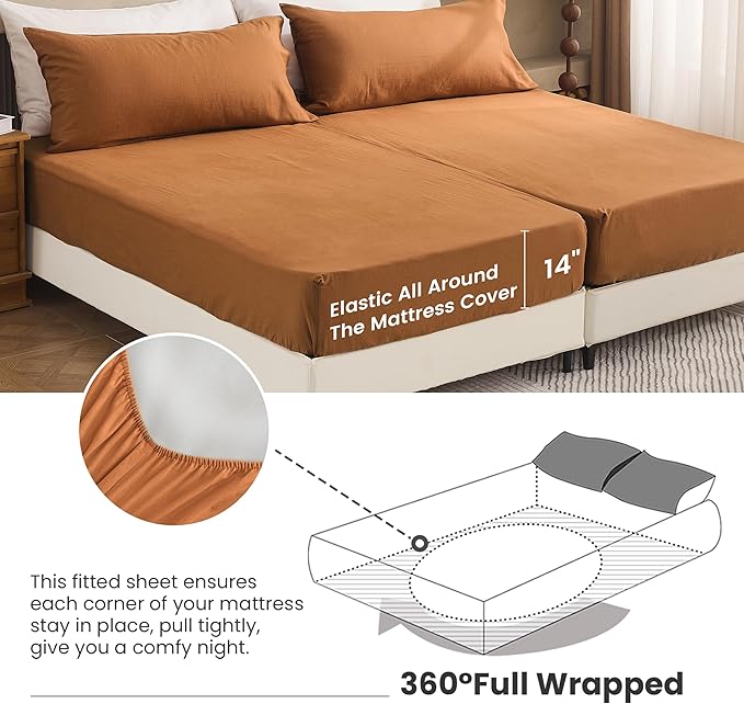 Simple&Opulence Belgian Linen Sheet Set Solid Color - 5 Pieces (1 Flat Sheet, 2 Fitted Sheets & 2 Pillowcases) Natural Flax Cotton Blend Soft Breathable Farmhouse Bedding - Split King Size, Rust