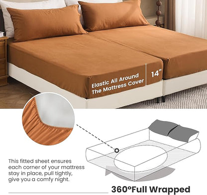 Simple&Opulence Belgian Linen Sheet Set Solid Color - 5 Pieces (1 Flat Sheet, 2 Fitted Sheets & 2 Pillowcases) Natural Flax Cotton Blend Soft Breathable Farmhouse Bedding - Split King Size, Rust