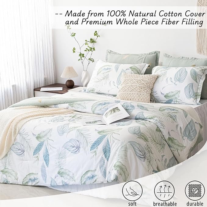 Botanical Cotton Comforter King Size - Sage Green Comforter Printed with Leaves & Ferns on White,Reversible Light-Weight Bedding Sets 3Pcs(Leaves,104"×90")