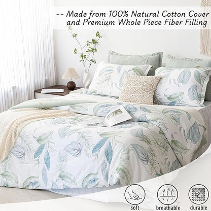 Botanical Cotton Comforter Queen Size - Sage Green Comforter Printed with Leaves & Ferns on White,Reversible Lightweight Bedding Sets 3Pcs(Leaves,90"×90")