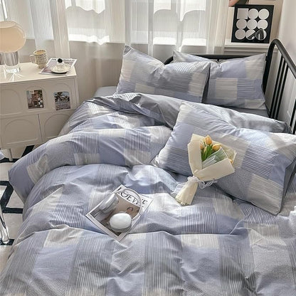 HighBuy Grey Blue Grid Comforter Set Queen Size 3 Piece Gingham Bedding Checkered Stripe Patchwork Comforter Queen with 2 Plaid Pillowcases Boho Comforter Set Striped Art Decor Bedding Set