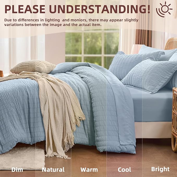FUANNA Queen Comforter Set 7 Pieces, Luxury Seersucker Bed in a Bag Queen Size for All Seasons, Soft Bedding Set with Comforter, Flat Sheet, Fitted Sheet, Pillowcases & Shams for Bedroom, Grayish Blue