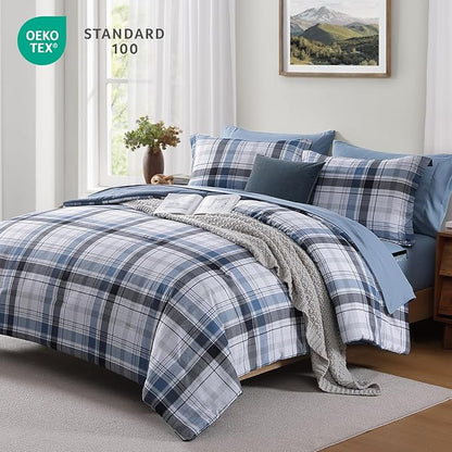 MaiRêve Full Size Plaid Comforter Set Lake Blue, Classic 7 Pieces Farmhouse Bedding Set, All Season Lightweight Bed in A Bag with Sheets, Pillowcases & Shams