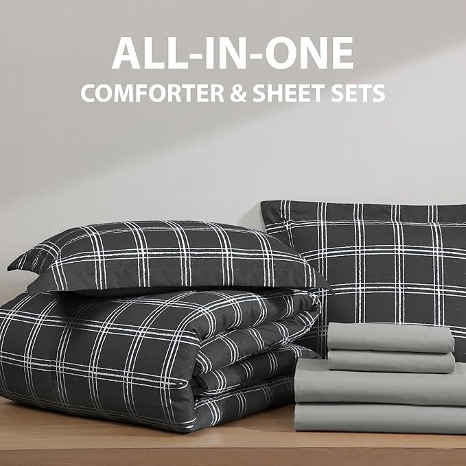 Cathay Home Basic Bedding Home Essential Ultra Soft Lightweight 5PC Wrinkle Resistant Microfiber Bed in a Bag Set (Includes Complete Sheet Set & Comforter Set) - Black Plaid, Twin