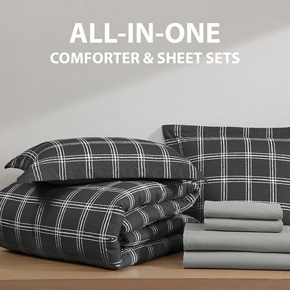 Cathay Home Basic Bedding Home Essential Ultra Soft Lightweight 5PC Wrinkle Resistant Microfiber Bed in a Bag Set (Includes Complete Sheet Set & Comforter Set) - Black Plaid, Twin