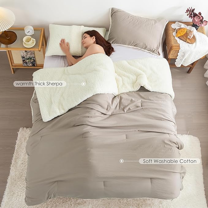 COTTEBED Reversible Sherpa Bed Comforter Queen Set - Lightweight But Warmth Softness Shabby Comforter Set for Full Size Bedding, 3 Piece Fluffy Western Farmhouse Down Comforter Winter, Beige and White