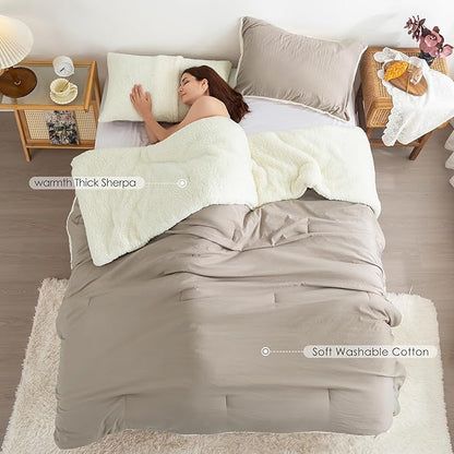 COTTEBED Reversible Sherpa Bed Comforter Queen Set - Lightweight But Warmth Softness Shabby Comforter Set for Full Size Bedding, 3 Piece Fluffy Western Farmhouse Down Comforter Winter, Beige and White