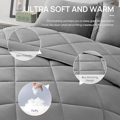 Love's cabin Twin XL Comforter Set Grey, 5 Pieces Twin XL Bed in a Bag, All Season Bedding Sets with 1 Comforter, 1 Flat Sheet, 1 Fitted Sheet, 1 Pillowcase and 1 Pillow Sham