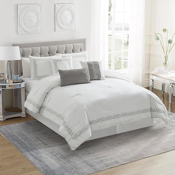 Queen Comforter Set 7-Piece Embroidered Faux Suede Bedding – Soft, Elegant & Complete Bedding Set with 1 Comforter, 2 Pillow Shams, 1 Bed Skirt, and 3 Decorative Throw Pillows, Queen, White