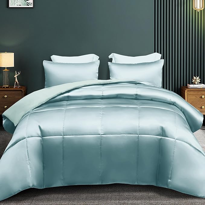 Whale Flotilla 3-Piece Reversible Silky Soft King Size Comforter Bedding Set, Luxurious Satin Comforters Oversized with 2 Satin Pillowcases, Lightweight Duvet for All Seasons, Haze Blue