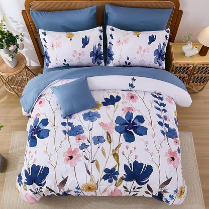 Anibedding Blue Floral Comforter Set Queen Size, 8 Piece Botanical Flower Bed in a Bag, Reversible Design Comforter Soft Microfiber Complete Bedding Sets for All Season (Blue, 90"x90")