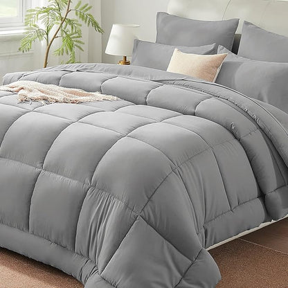 SunStyle Home Light Grey Full/Queen Comforter Set - 7 Pieces Bed in a Bag, Lightweight Goose Down Alternative Bedding Sets with All Season Comforter, 1 Flat Sheet, 1 Fitted Sheet, 4 Pillowcases
