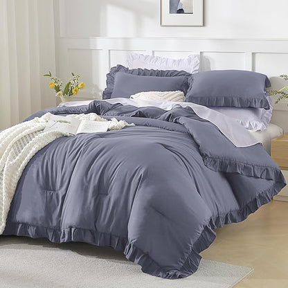 Andency Dark Blue Grey California King Comforter Set, 3 Pieces Shabby Chic Ruffle Solid Cal King Bedding Sets, Oversized All Season Soft Lightweight Down Alternative Bed Set for Adults Men Women