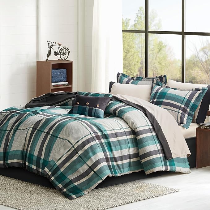 Intelligent Design Robbie 9-Piece Twin Comforter Set – Lightweight All-Season Plaid Bedding, Teal/Black, Cozy Bed-in-a-Bag with Matching Shams & Decorative Pillow, Modern Casual Style
