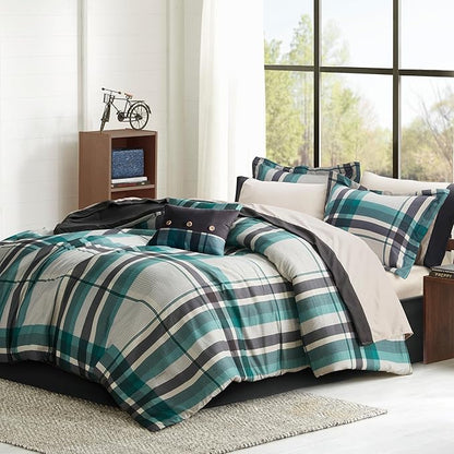 Intelligent Design Robbie 9-Piece Twin Comforter Set – Lightweight All-Season Plaid Bedding, Teal/Black, Cozy Bed-in-a-Bag with Matching Shams & Decorative Pillow, Modern Casual Style