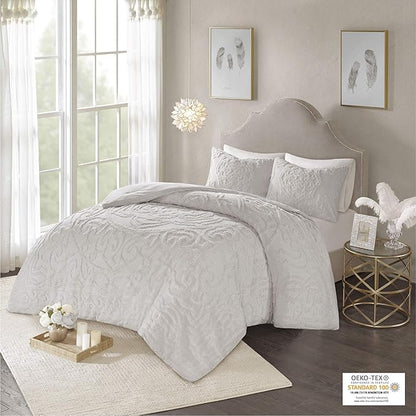 Madison Park Laetitia Comforter Bohemian Tufted Cotton Chenille, Medallion Shabby Chic All Season Down Alternative Bed Set with Matching Shams, Floral Grey Full/Queen(90"x90") 3 Piece