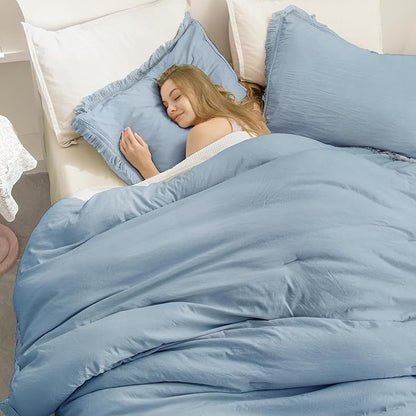 Andency Grayish Blue Comforter Set Queen Size, 3 Pieces Boho Tassel Lightweight Bedding Comforter Sets, All Season Soft Fluffy Fringe Bed Set (90x90In Comforter & 2 Pillowcases)