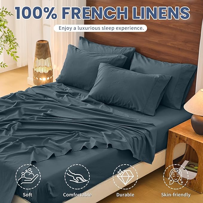 Bedlifes 100% French Pure Linen Sheets Queen Size Breathable and Cooling Flax Sheet Set Soft Durable and Moisture Wicking 16 Inch Deep Pocket-4 Piece(Queen,Cool Gray)