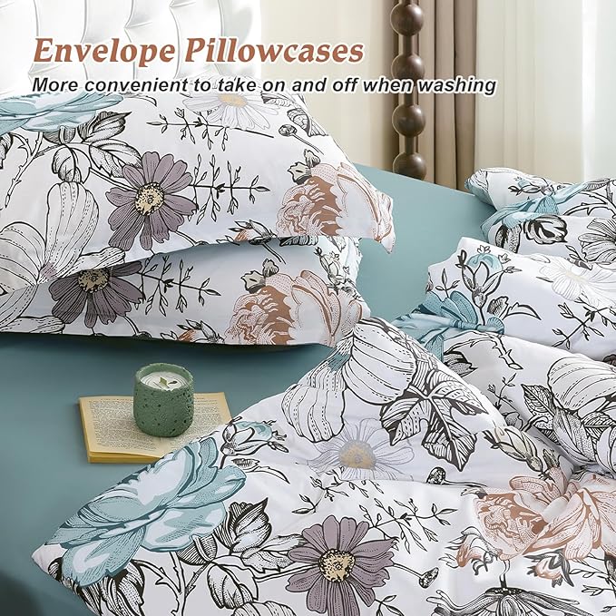 Luxudecor Queen Comforter Set 7 Pieces Bedding Sets,Teal Blue Floral Comforter and Sheet Set,Soft Microfiber Bed in a Bag for All Seasons (Teal Blue,90"x90")