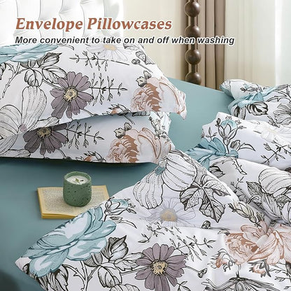 Luxudecor Queen Comforter Set 7 Pieces Bedding Sets,Teal Blue Floral Comforter and Sheet Set,Soft Microfiber Bed in a Bag for All Seasons (Teal Blue,90"x90")