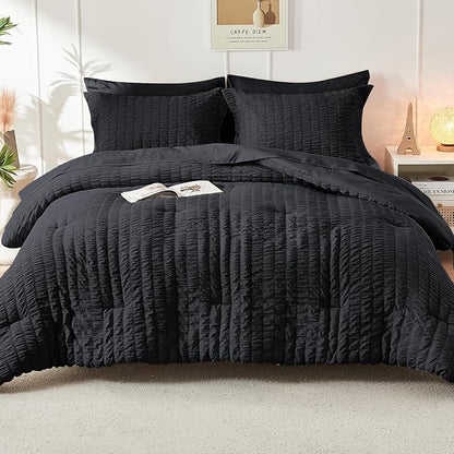 HYMOKEGE Black Queen Comforter Set Seersucker 7 Pieces, All Season Luxury Bed in a Bag for Bedroom, Bedding Set with Comforters, Sheets, Pillowcases & Shams