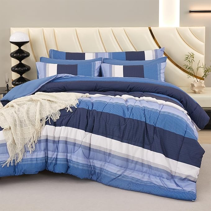RYNGHIPY Navy Blue Comforter Set Queen Size: 8 Pieces Bedding Set Colorblock Stripe Lightweight Soft All Season Comforter Sets with Sheets Pillowcases (Queen,Navy)