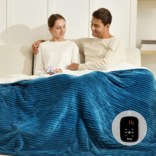 Bearhug Electric Heated Blanket, 62"x84" Ribbed Flannel & Sherpa Fast Heating Blanket, 10 Heating Levels & 1-12H Auto Off, Over-Heat Protect, ETL, Machine Washable