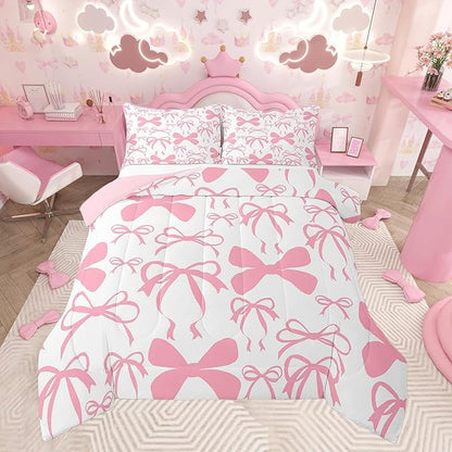 Feelyou Bow Bedding Set for Boys Girls Toddler Size - Black Cute Bowknot Comforter Set for Kids Women Men - Ultra Soft Pink Duvet Set - Kawaii Room Decor Lovely Quilt Set