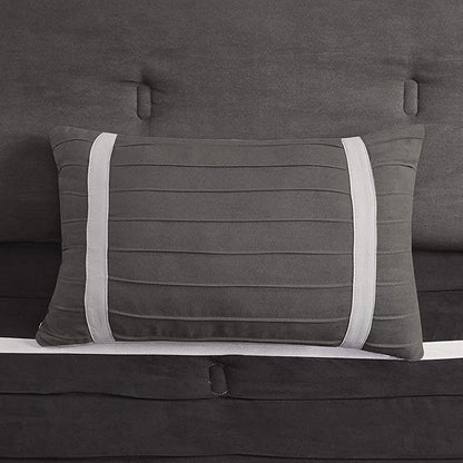 Madison Park - Palmer 7 Piece Comforter Set - Black and Gray - California King - Pieced Microsuede - Includes 1 Comforter, 3 Decorative Pillows, 1 Bed Skirt, 2 Shams