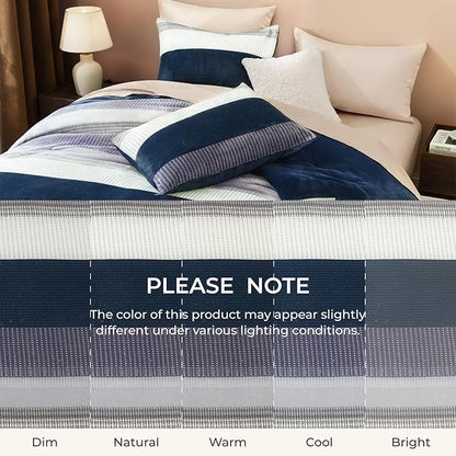 Litanika Fluffy Fleece Queen Comforter Set, Luxury Soft Plush Fuzzy Mineral Blue Stripe Bedding Comforter Sets, Warm Shaggy Faux Fur Bed Set All Season (1 Comforter, 2 Pillowcases)