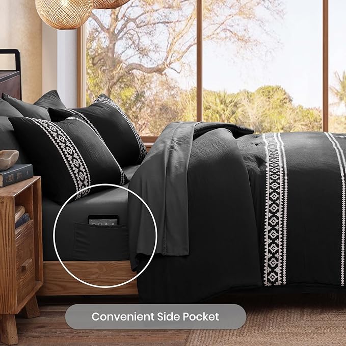 MaiRêve Embroidery Comforter Set, Boho Farmhouse Western Bedding Set, All Season Bed in A Bag Comforter Set with Sheets, Pillowcases & Shams, Black California King 7 Pieces