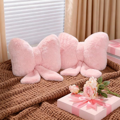 2 Pcs Pink Bow Pillow Faux Fur Pink Throw Pillows Soft Furry Coquette Decorative Cushion Cute Plush Bow Decor for Xmas Girls Home Room Bed Sofa Couch Car Gifts, 12 * 16 Inch