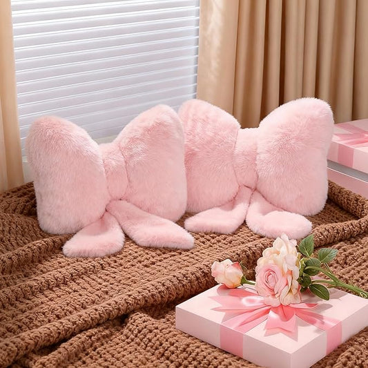 2 Pcs Pink Bow Pillow Faux Fur Pink Throw Pillows Soft Furry Coquette Decorative Cushion Cute Plush Bow Decor for Xmas Girls Home Room Bed Sofa Couch Car Gifts, 12 * 16 Inch