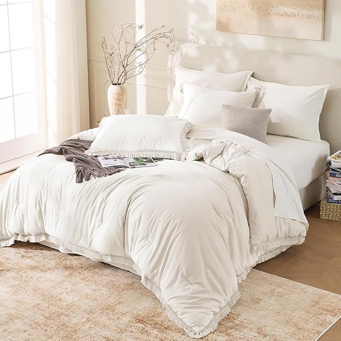 Andency Oversized King Size Comforter Set Beige 128x120, 3 Pieces Boho Soft Lightweight Bedding Comforter Sets, Tassel All Season Bed Set (1 Comforter & 2 Pillowcases)