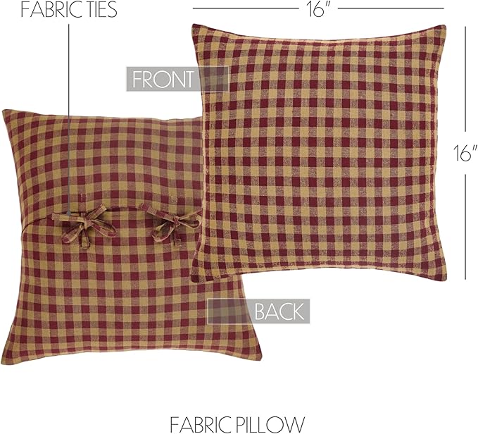 Burgundy Check Primitive 16"x16" Pillow Red Cotton Square Home Decor