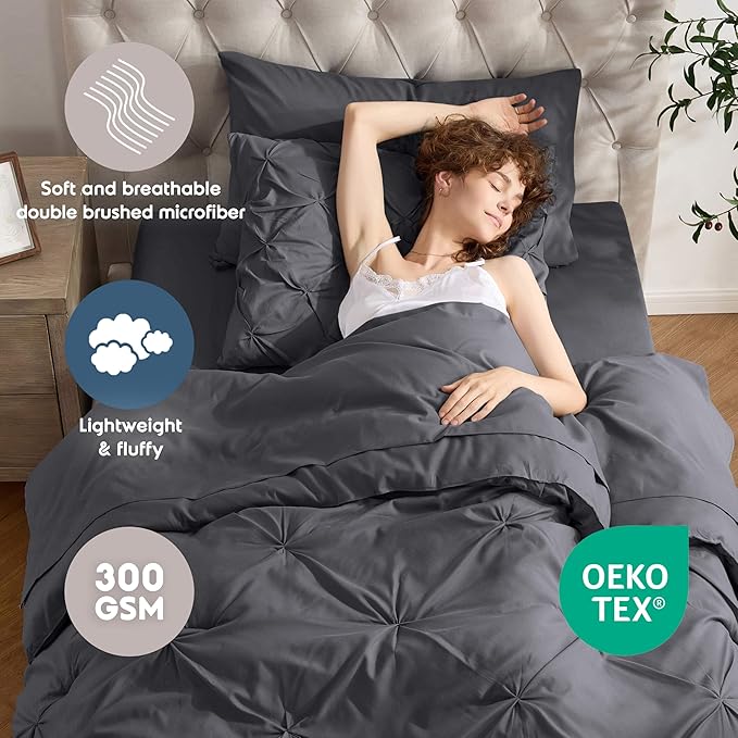 Nestl Twin Comforter Set 5 Piece - Pintuck Twin Bedding Set Dark Grey, College Dorm Room Essentials for Girls and Boys Bed in a Bag Twin All Season, Twin Comforter Set with Sheets, Pillowcase and Sham