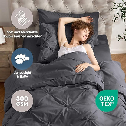 Nestl Twin Comforter Set 5 Piece - Pintuck Twin Bedding Set Dark Grey, College Dorm Room Essentials for Girls and Boys Bed in a Bag Twin All Season, Twin Comforter Set with Sheets, Pillowcase and Sham