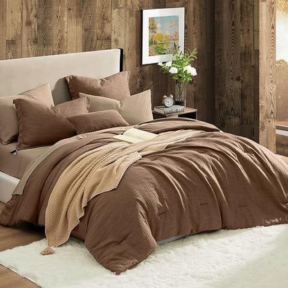 Geniospin Brown Queen Comforter Set - 7 Pieces Comforter Queen Size, Solid Bedding Set for All Season, Textured Bed in a Bag with Sheets