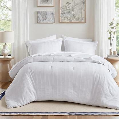 Madison Park Essentials Striped Comforter Set Queen, 7 Pieces Modern Minimalist Jacquard Bedding Set for All Season, Bed in A Bag with Sheet Set and Soft Brushed Reverse, Lightweight White