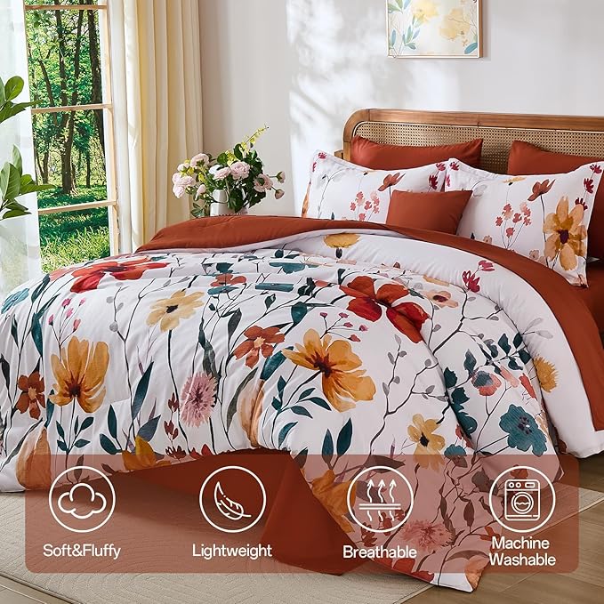 Anibedding 8Pieces King Size Comforter Set, Orange Watercolor Floral Queen Size Bed in a Bag Comforter Set with Pillowcase, Sheets for All Season