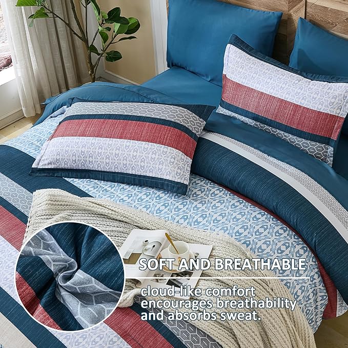 DJY Blue Comforter Set Queen Size,Boho Striped Queen Bed Set,7 Piece Patchwork Soft Microfiber Bedding Set for All Season(90"×90")