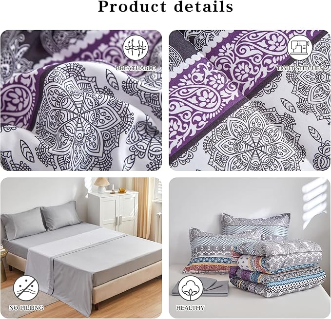 Flysheep Bohemian Bed in a Bag 7 Pieces King Size, Colorful Boho Purple Orange Gray Stripes Reversible Bed Comforter Set (1 Comforter, 1 Flat Sheet, 1 Fitted Sheet, 2 Pillow Shams, 2 Pillowcases)