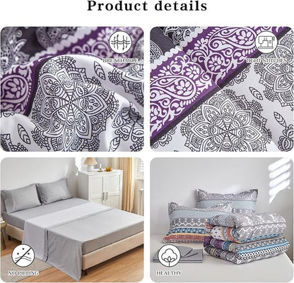 Flysheep Bohemian Bed in a Bag 7 Pieces King Size, Colorful Boho Purple Orange Gray Stripes Reversible Bed Comforter Set (1 Comforter, 1 Flat Sheet, 1 Fitted Sheet, 2 Pillow Shams, 2 Pillowcases)