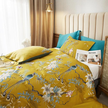 mixinni King Size Comforters Vibrant Colors Pattern Soft Flower Birds Bedding Comforter Sets Fluffy Lightweight Reversible Floral Comforter with 2 Pillowcases-King Size