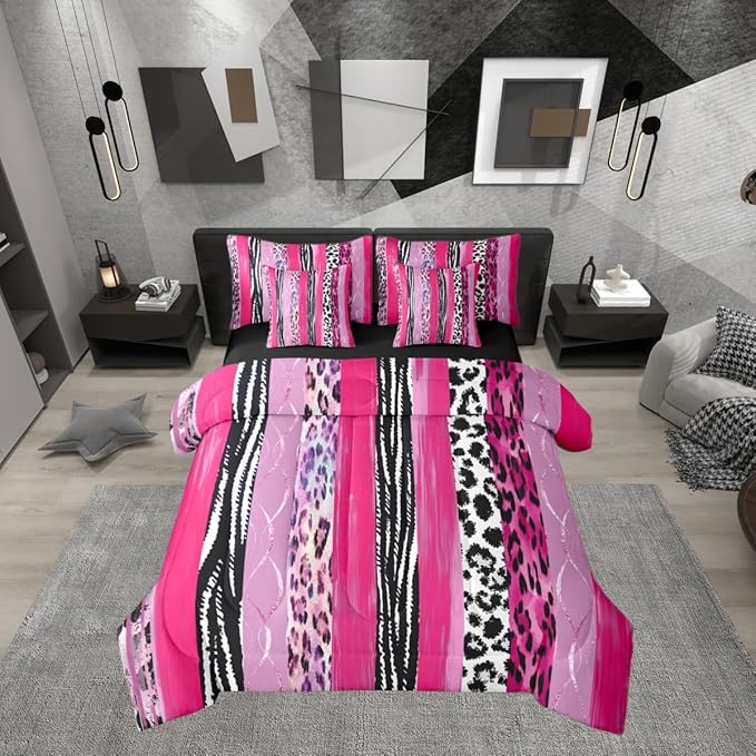Erosebridal Leopard Print Stripe White Pink Girls Comforter Set Queen Size 7 Pieces | Cheetah Fur Geometric Bed in A Bag Animal Skin Pattern Bed Set Adults Women Men Bedding