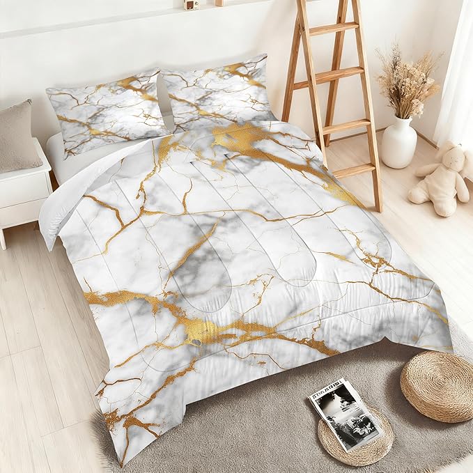 Marble White Gold Comforter Set Queen Size Glitter Golden Stripes Bedding Set Light Grey White Gold Quilt Set Luxury Marbling Texture Bed Set for Bedroom Decor with 1 Comforter + 2 Pillow Cases
