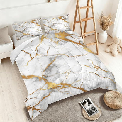 Marble White Gold Comforter Set Queen Size Glitter Golden Stripes Bedding Set Light Grey White Gold Quilt Set Luxury Marbling Texture Bed Set for Bedroom Decor with 1 Comforter + 2 Pillow Cases