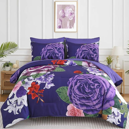 Drucon Dark Purple Floral Comforter Queen Size 7 Pieces Bedding Sets Queen Bed in a Bag, Botanical Floral Comforter with Sheet Set, Soft Microfiber Bedding Set for All Season(Dark Purple, 90"x90")