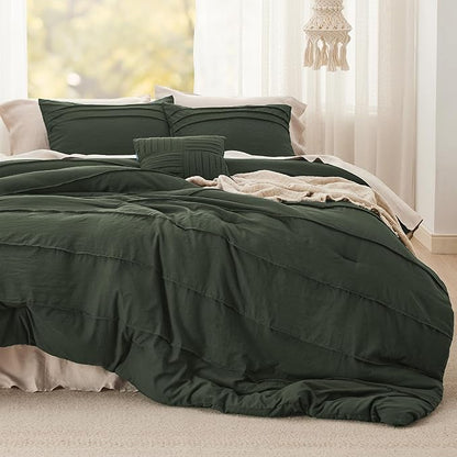Bedsure California King Comforter Set - 4 Pieces Pinch Pleat Bed Set, Olive Green Boho Bedding for All Season, 1 Soft Comforter, 2 Pillowcases, 1 Decorative Pillow
