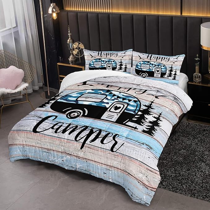 HOSIMA Happy Camping Decor Comforter Set,Camouflage Camper Bedding Twin Size for Kids Teen Girls Boys Room Decor,Camper Accessories for Travel Trailers Themed Bedding with 2 Pillowcases.